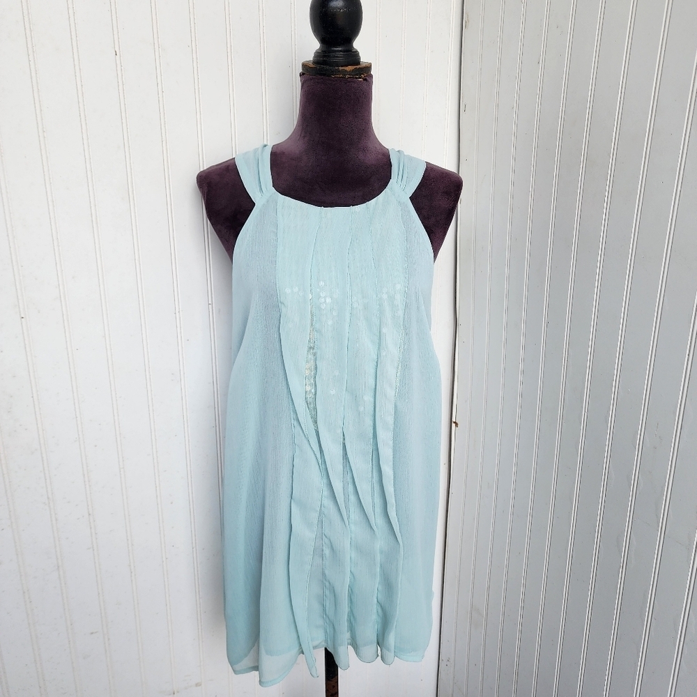NWT $44 Nue Options Women's Aqua Blue Evening Tank Top Ruffle Sequin Sz XL